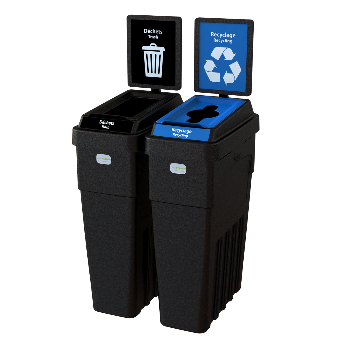 Conteneur à déchets et recyclage 2 flux LeanStream™ – Noir – Avec panneau arrière – 46 gallons