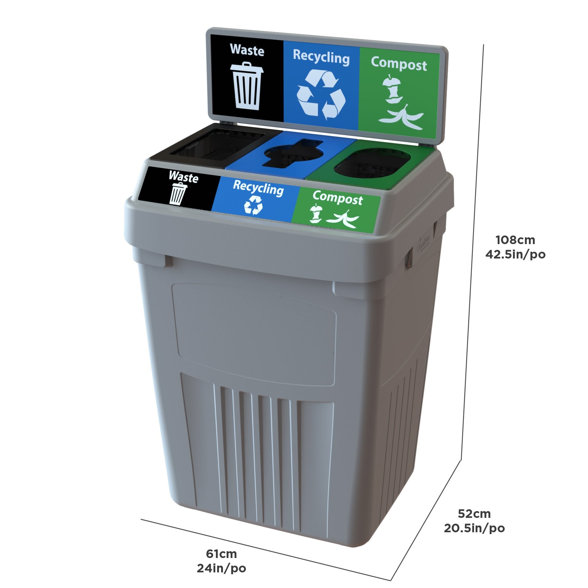 Flex E 3-stream waste, recycling, and compost bin in grey, 50-gallon indoor container, with backboard
