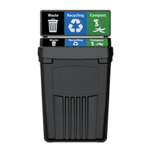 Flex E 3-stream waste, recycling, and compost bin in black, 50-gallon indoor container, with backboard