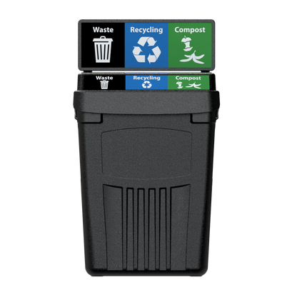 Flex E 3-stream waste, recycling, and compost bin in black, 50-gallon indoor container, with backboard