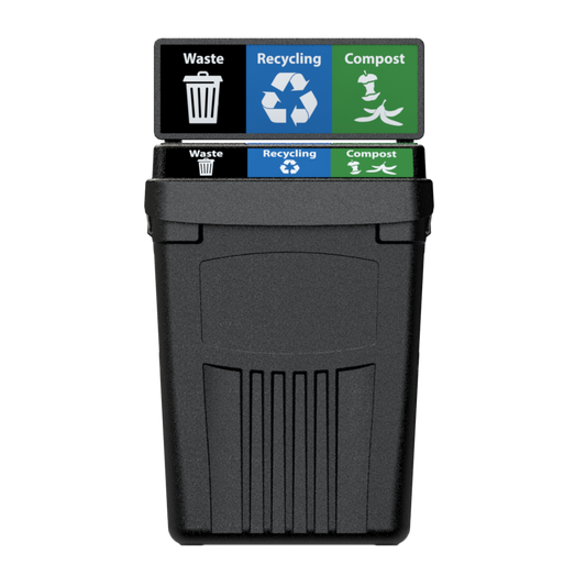 Flex E 3-stream waste, recycling, and compost bin in black, 50-gallon indoor container, with backboard
