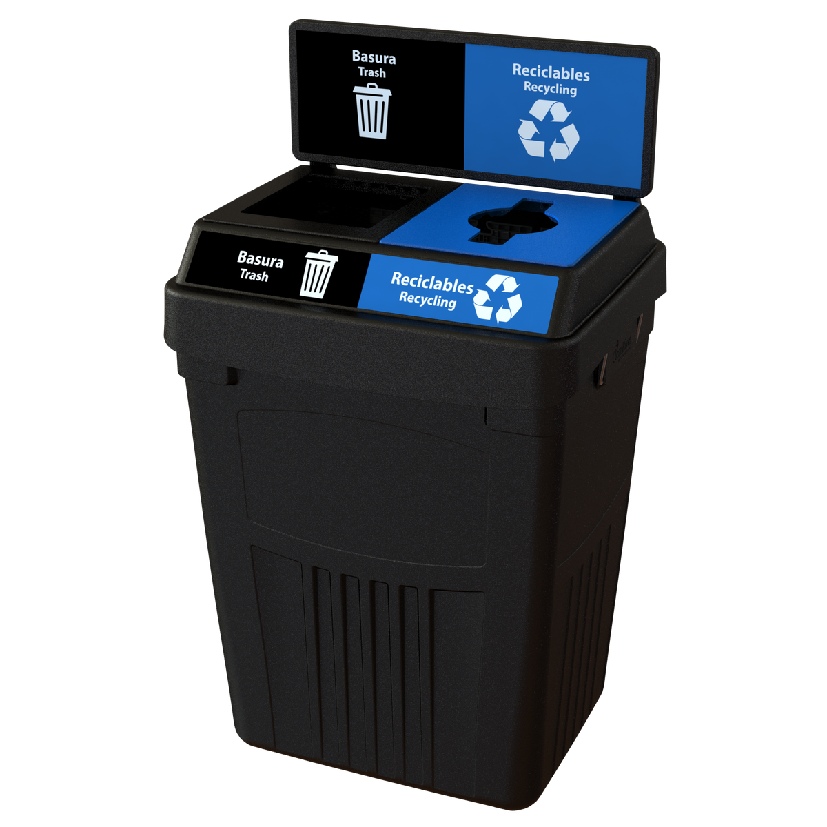 Flex E™ 2-Stream Waste + Recycling Bin – Black – With Backboard – 50 Gallon