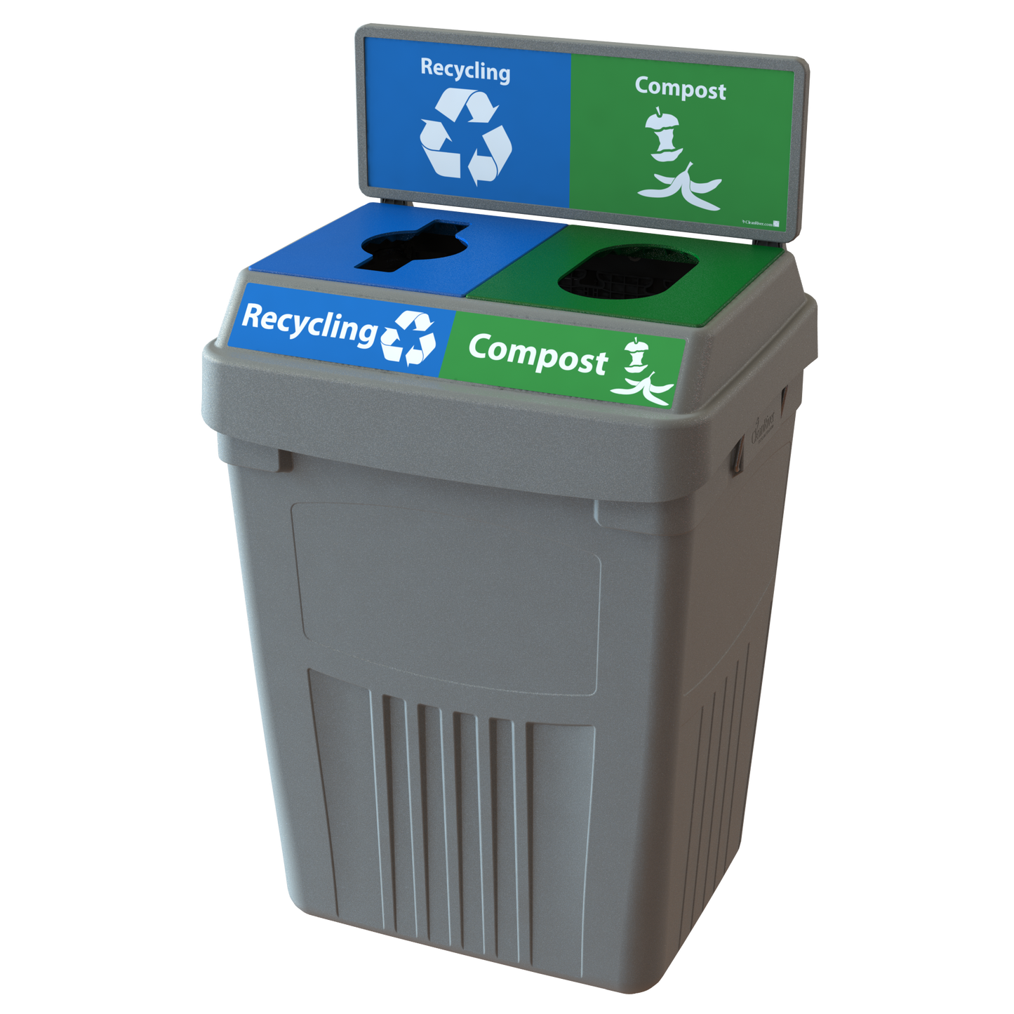 Flex E 2-stream recycling and compost bin in grey, 50-gallon indoor container, with backboard