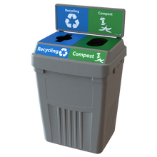 Flex E 2-stream recycling and compost bin in grey, 50-gallon indoor container, with backboard