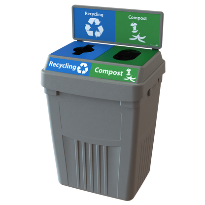 Flex E 2-stream recycling and compost bin in grey, 50-gallon indoor container, with backboard