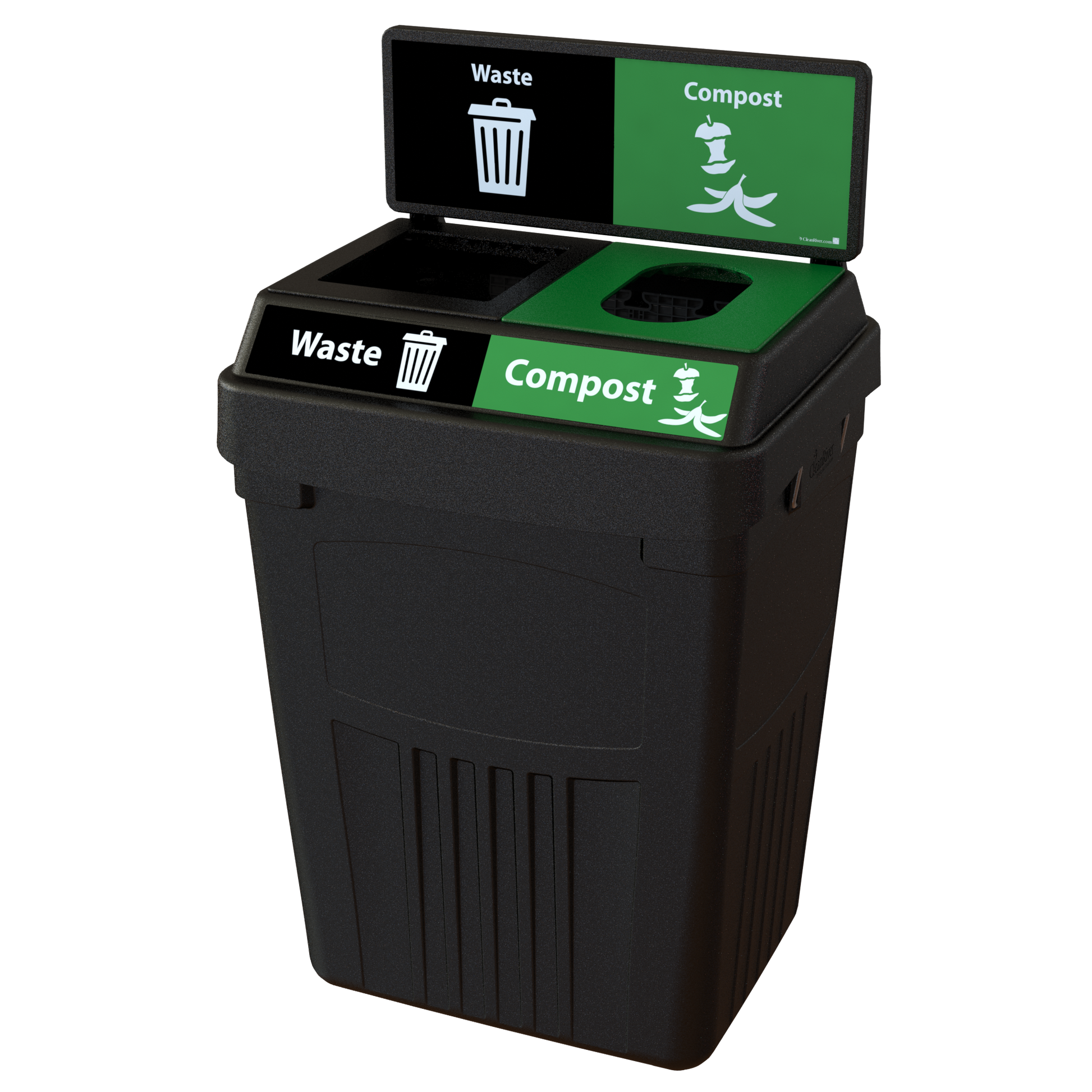 Flex E 2-stream waste and compost bin in black, 50-gallon indoor container, with backboard