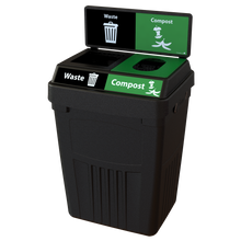 Flex E 2-stream waste and compost bin in black, 50-gallon indoor container, with backboard