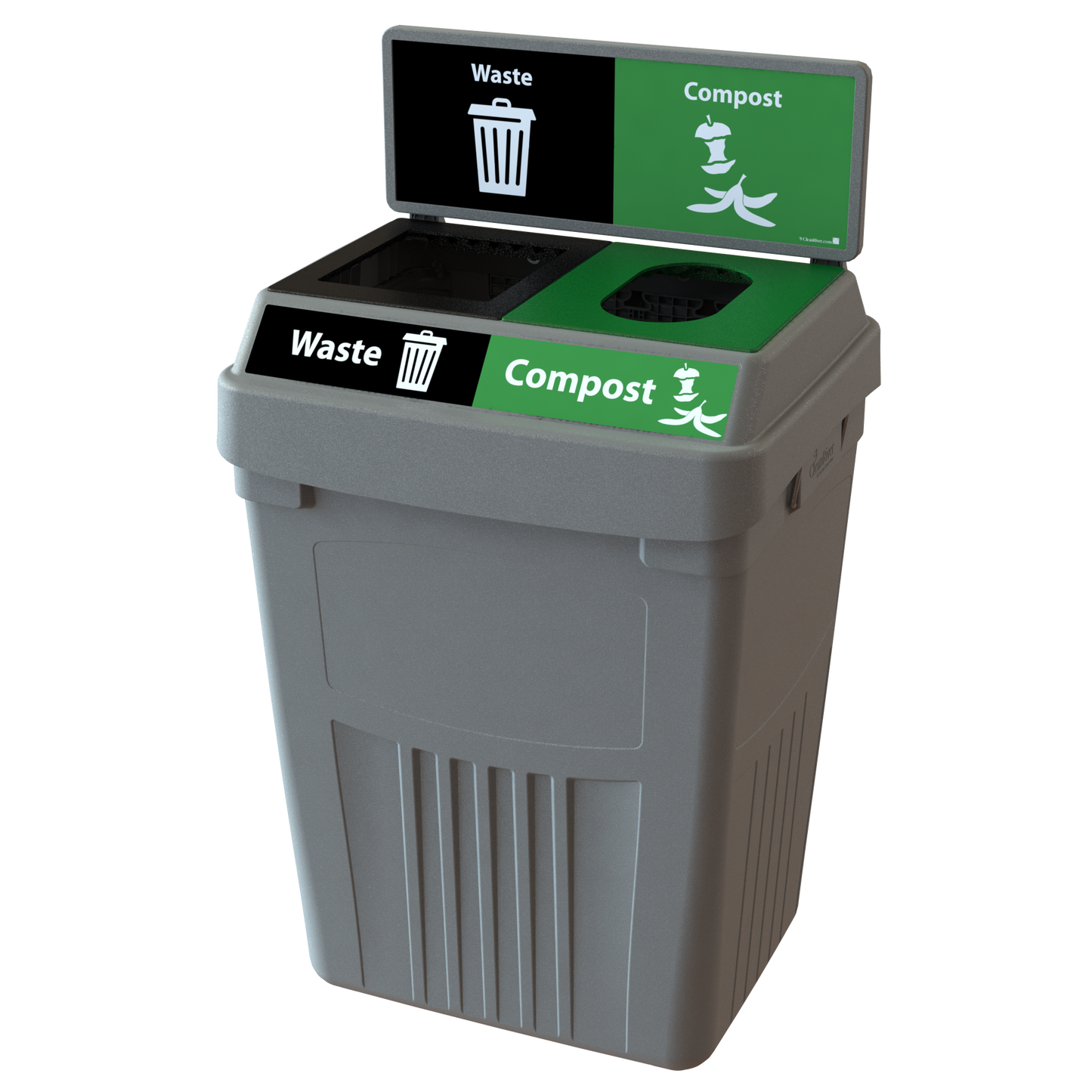 Flex E 2-stream waste and compost bin in grey, 50-gallon indoor container, with backboard
