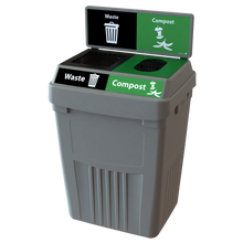 Flex E 2-stream waste and compost bin in grey, 50-gallon indoor container, with backboard