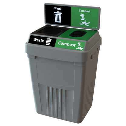 Flex E 2-stream waste and compost bin in grey, 50-gallon indoor container, with backboard