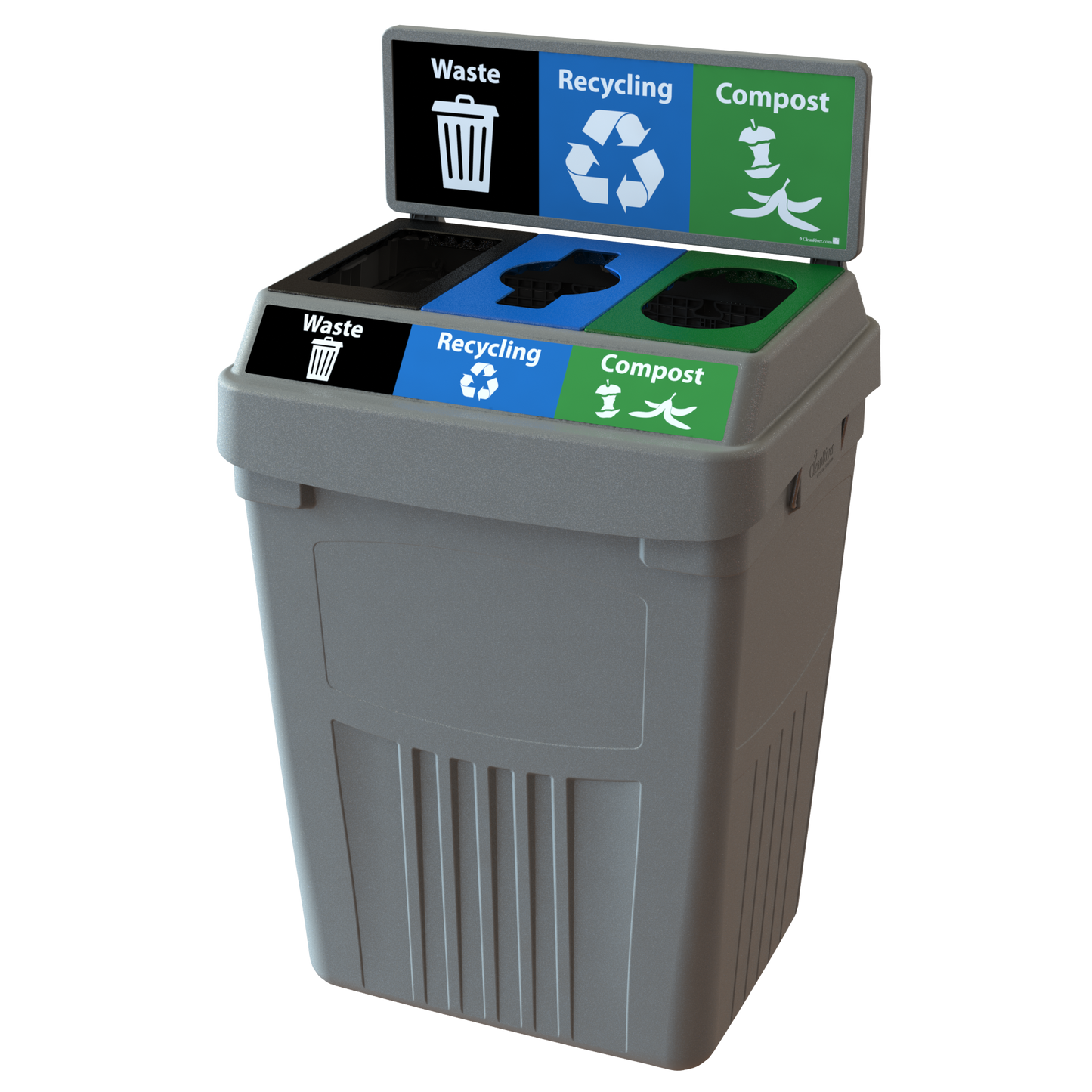 Flex E™ 3-Stream Waste + Recycling + Compost Bin – Grey – With Backboard – 50 Gallon