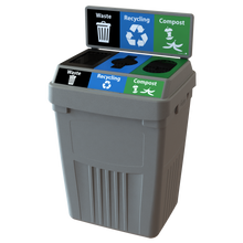 Flex E™ 3-Stream Waste + Recycling + Compost Bin – Grey – With Backboard – 50 Gallon