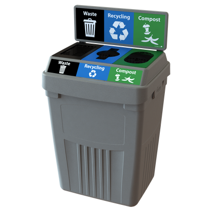 Flex E™ 3-Stream Waste + Recycling + Compost Bin – Grey – With Backboard – 50 Gallon