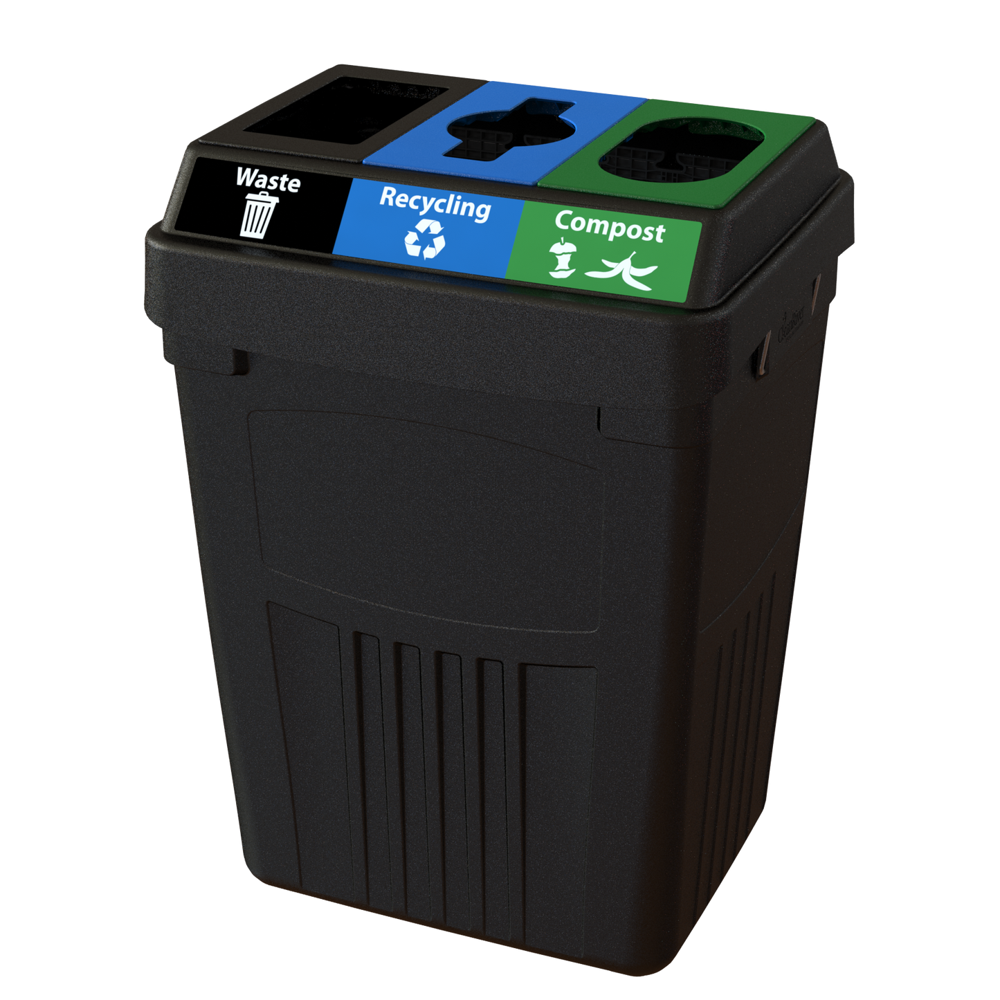 Flex E 3-stream waste, recycling, and compost bin in black, 50-gallon indoor container, no backboard