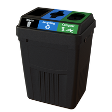 Flex E 3-stream waste, recycling, and compost bin in black, 50-gallon indoor container, no backboard