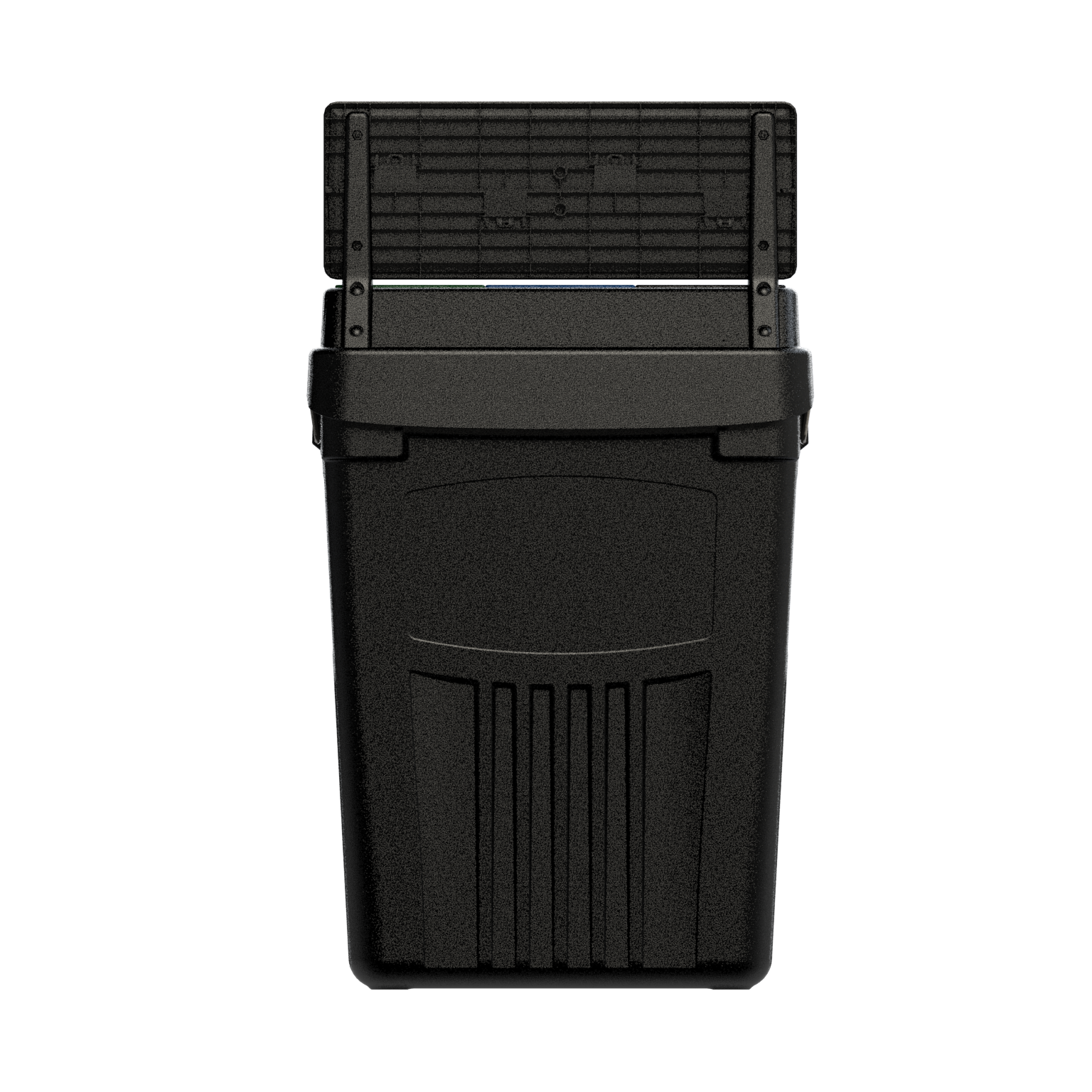 Flex E 3-stream waste, recycling, and compost bin in black, 50-gallon indoor container, with backboard