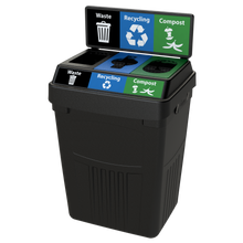 Flex E 3-stream waste, recycling, and compost bin in black, 50-gallon indoor container, with backboard