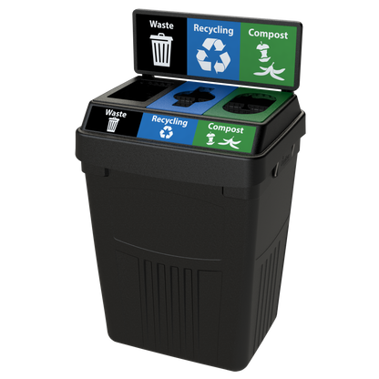 Flex E 3-stream waste, recycling, and compost bin in black, 50-gallon indoor container, with backboard