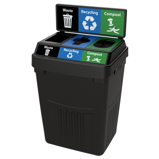 Flex E 3-stream waste, recycling, and compost bin in black, 50-gallon indoor container, with backboard