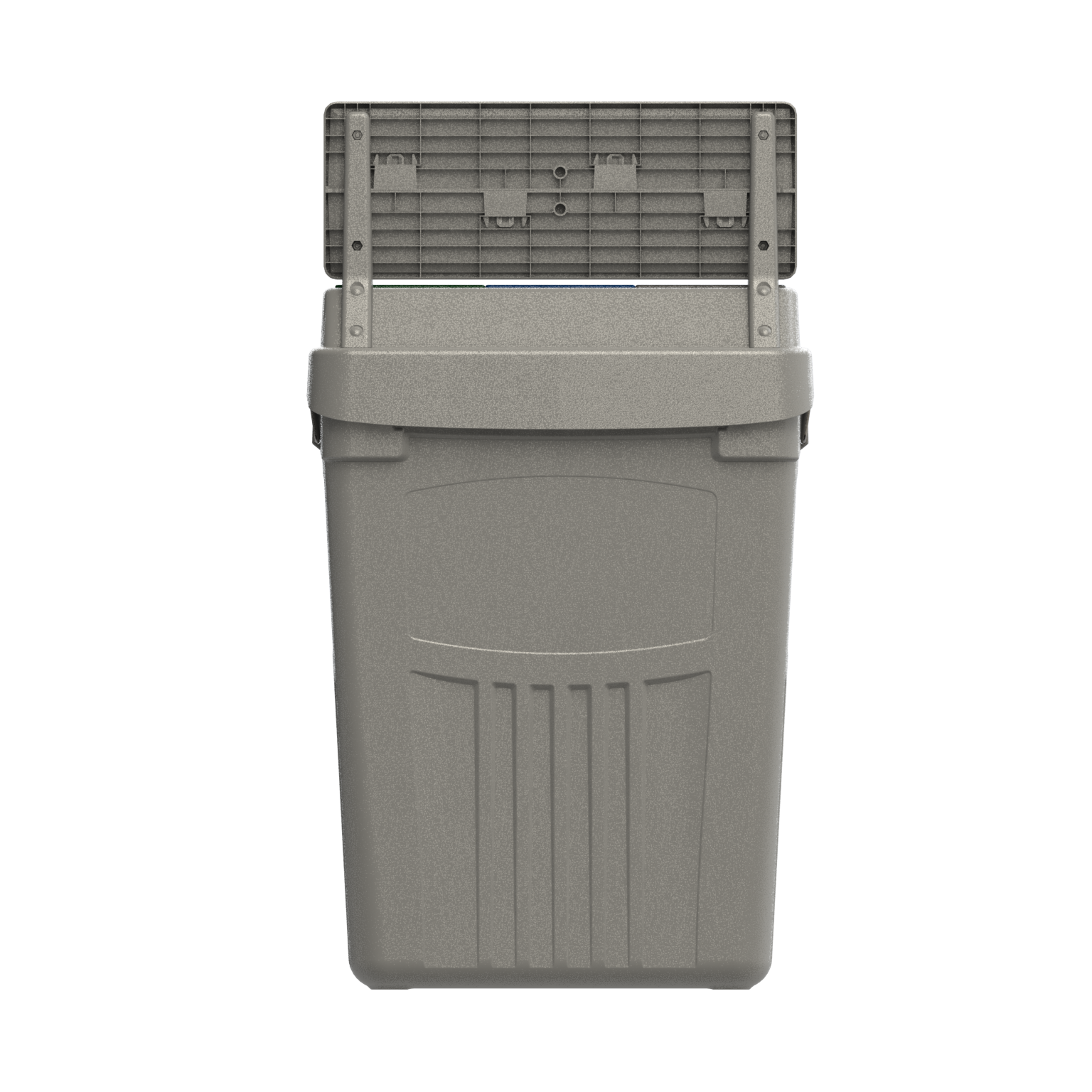 Flex E 3-stream waste, recycling, and compost bin in grey, 50-gallon indoor container, with backboard