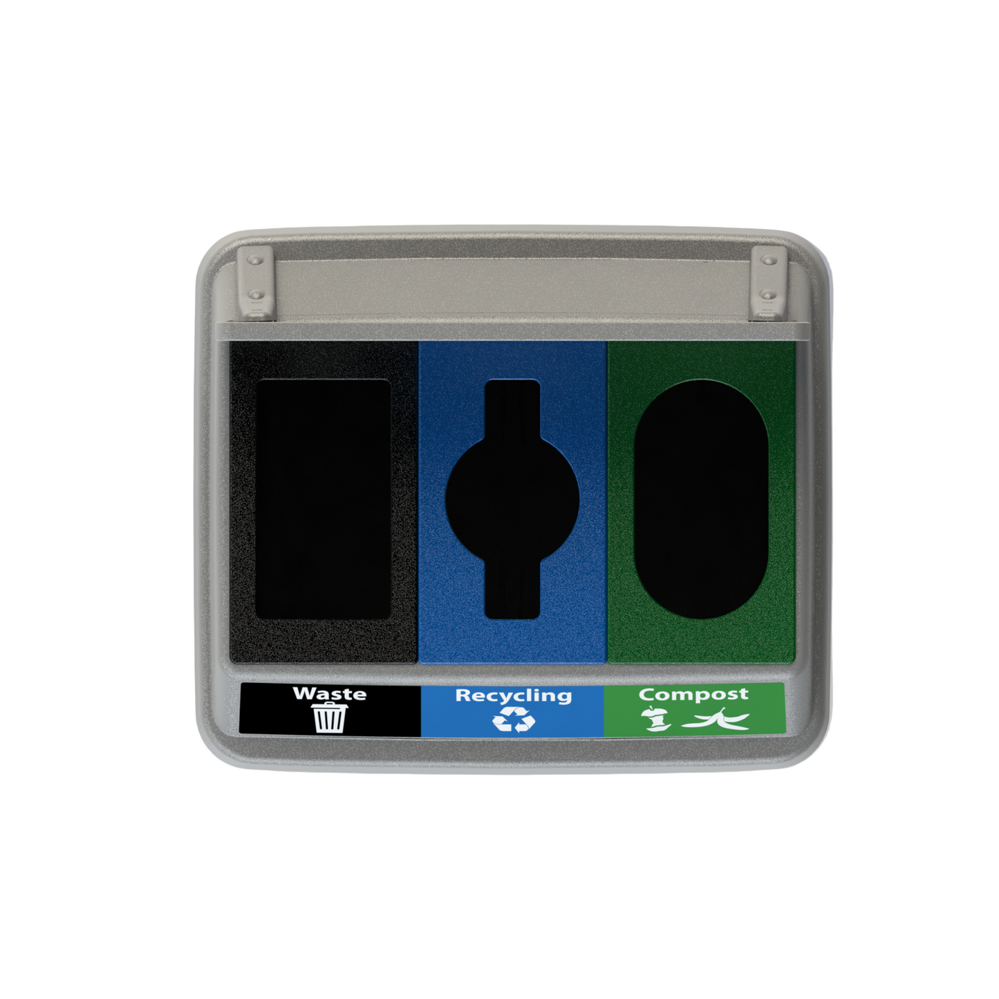 Flex E 3-stream waste, recycling, and compost bin in grey, 50-gallon indoor container, with backboard