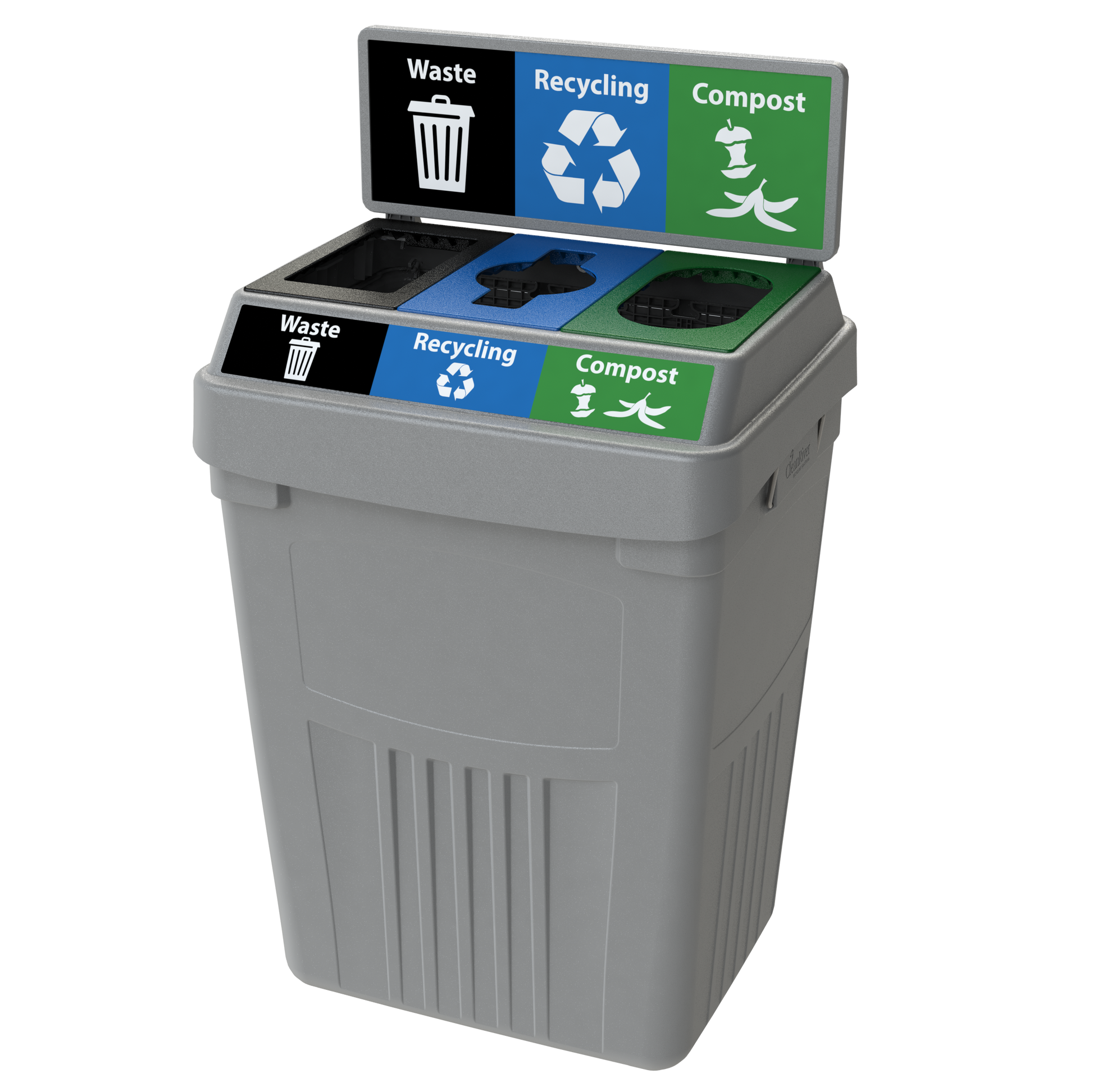 Flex E 3-stream waste, recycling, and compost bin in grey, 50-gallon indoor container, with backboard