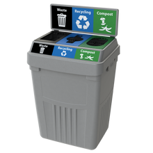 Flex E 3-stream waste, recycling, and compost bin in grey, 50-gallon indoor container, with backboard