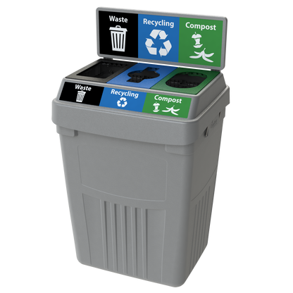 Flex E 3-stream waste, recycling, and compost bin in grey, 50-gallon indoor container, with backboard