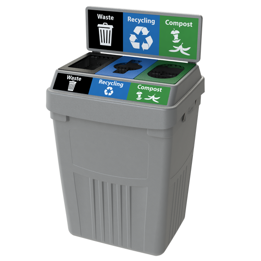Flex E 3-stream waste, recycling, and compost bin in grey, 50-gallon indoor container, with backboard