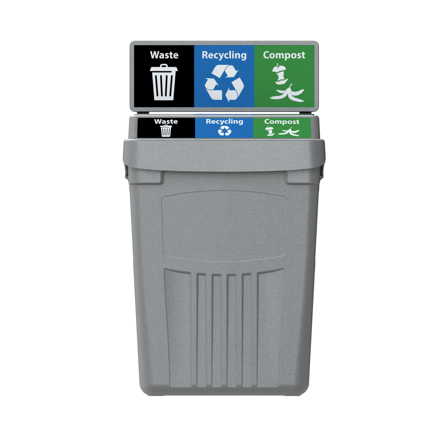 Flex E 3-stream waste, recycling, and compost bin in grey, 50-gallon indoor container, with backboard