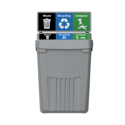 Flex E 3-stream waste, recycling, and compost bin in grey, 50-gallon indoor container, with backboard