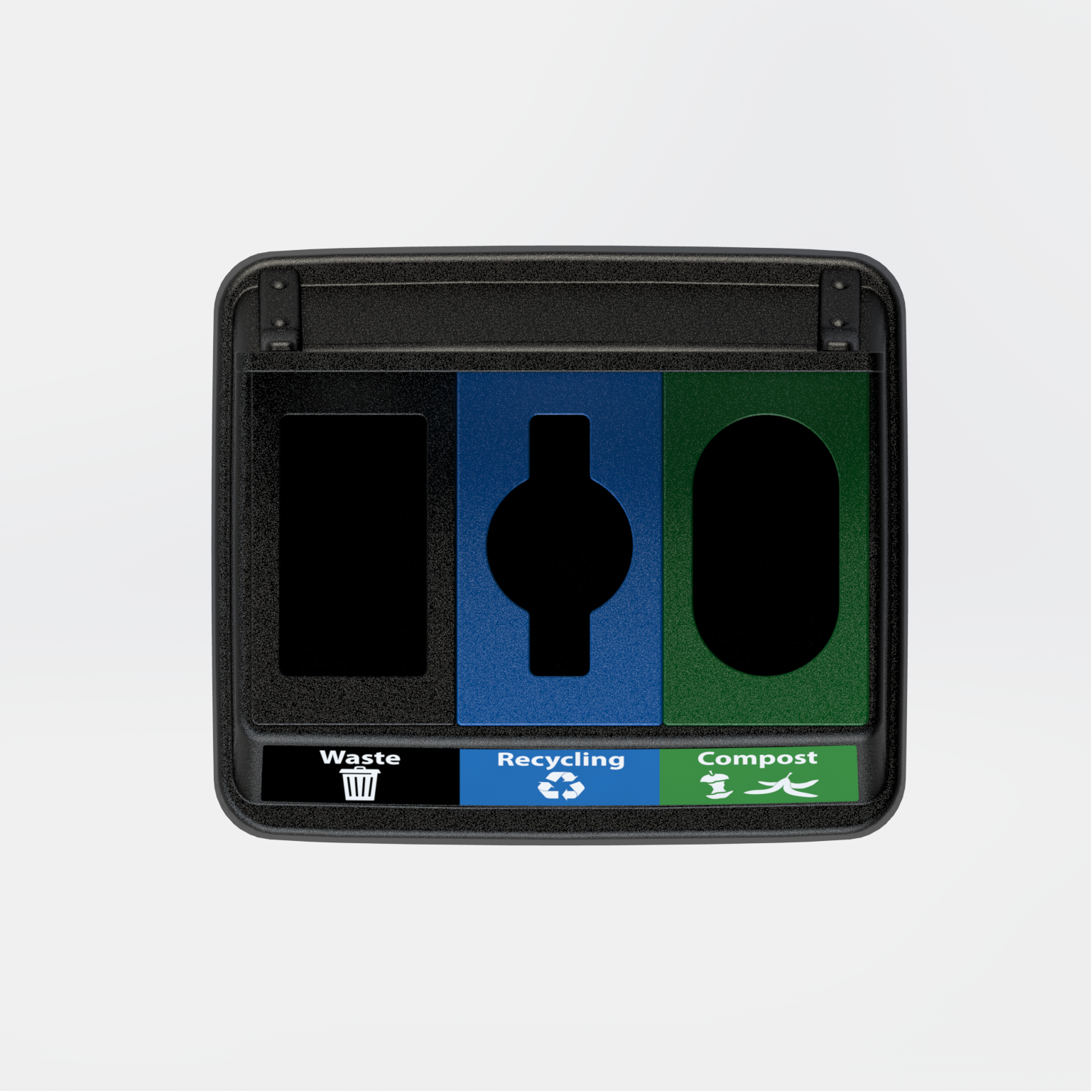 Flex E 3-stream waste, recycling, and compost bin in black, 50-gallon indoor container, with backboard