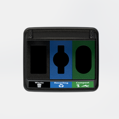 Flex E 3-stream waste, recycling, and compost bin in black, 50-gallon indoor container, with backboard