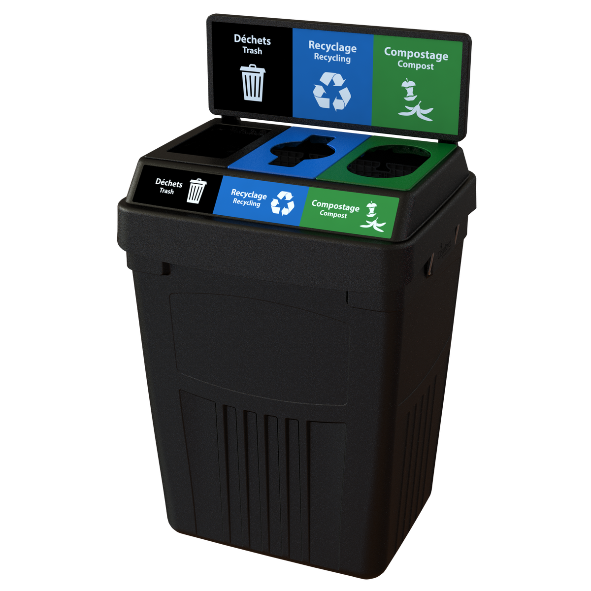 Flex E™ 3-Stream Waste + Recycling + Compost Bin – Black – With Backboard – 50 Gallon