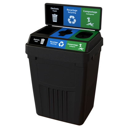 Flex E™ 3-Stream Waste + Recycling + Compost Bin – Black – With Backboard – 50 Gallon