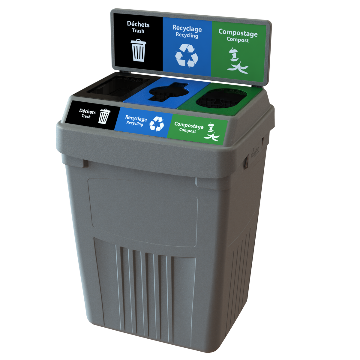 Flex E™ 3-Stream Waste + Recycling + Compost Bin – Grey – With Backboard – 50 Gallon