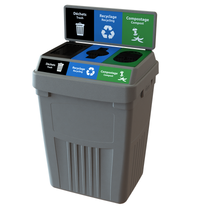 Flex E™ 3-Stream Waste + Recycling + Compost Bin – Grey – With Backboard – 50 Gallon