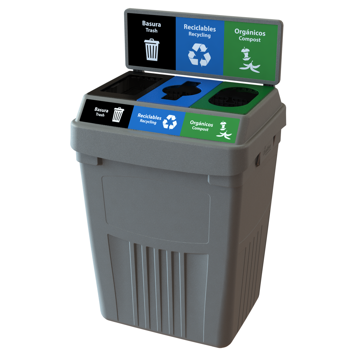 Flex E™ 3-Stream Waste + Recycling + Compost Bin – Grey – With Backboard – 50 Gallon