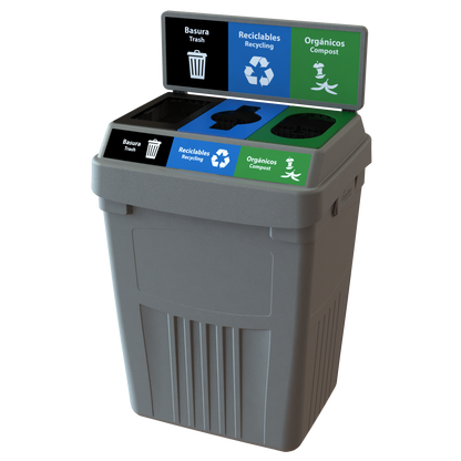 Flex E™ 3-Stream Waste + Recycling + Compost Bin – Grey – With Backboard – 50 Gallon