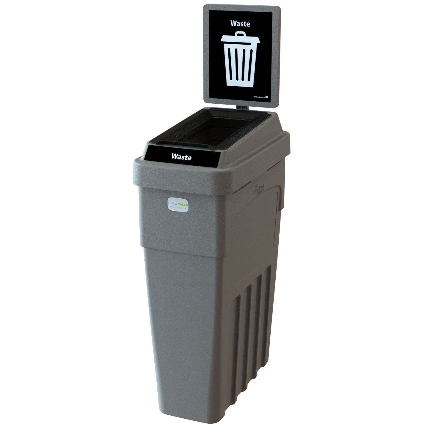 LeanStream 1-stream waste container in black, compact indoor recycling and waste bin, with backboard
