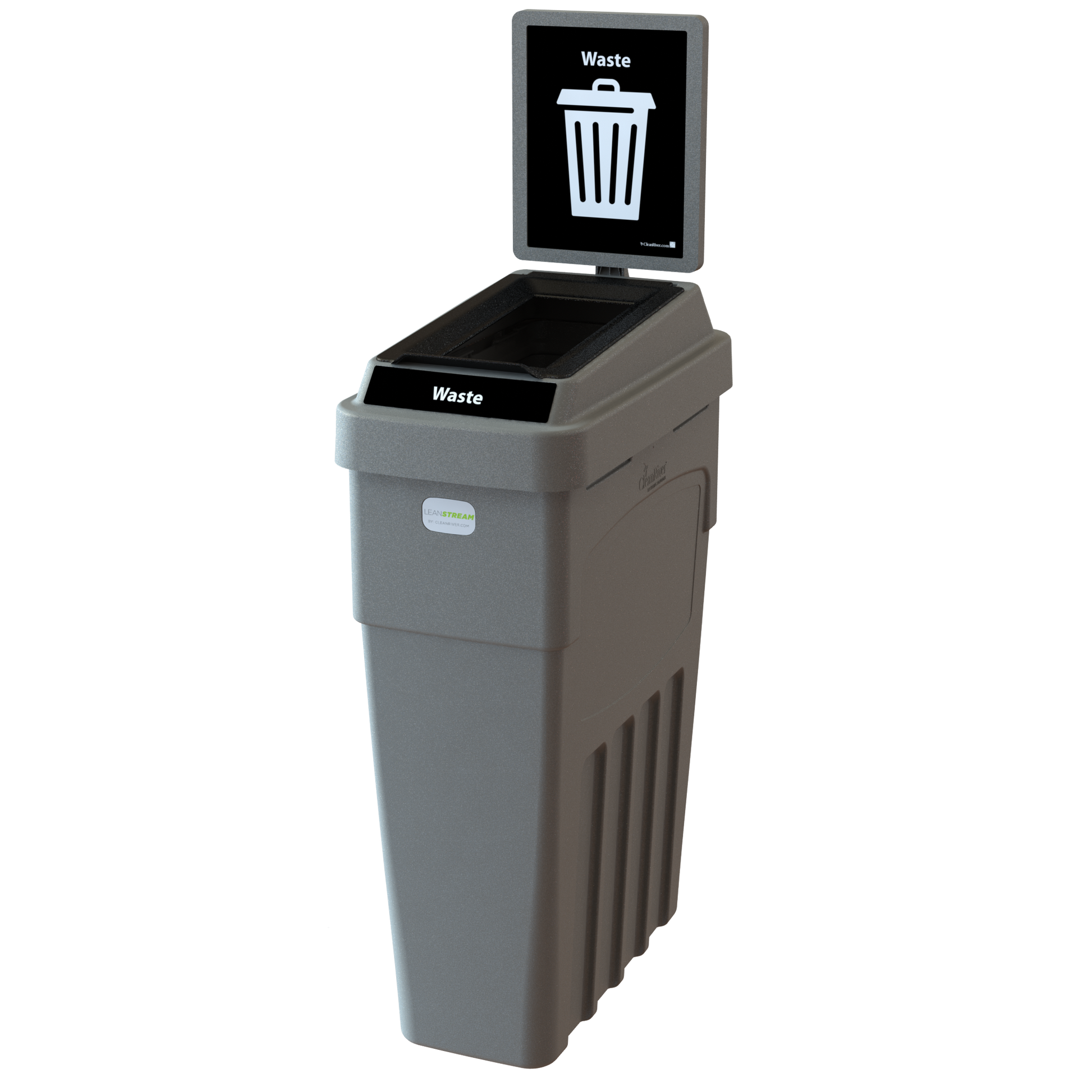 LeanStream 1-stream waste container in black, compact indoor recycling and waste bin, with backboard