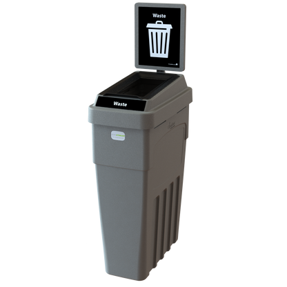 LeanStream 1-stream waste container in black, compact indoor recycling and waste bin, with backboard