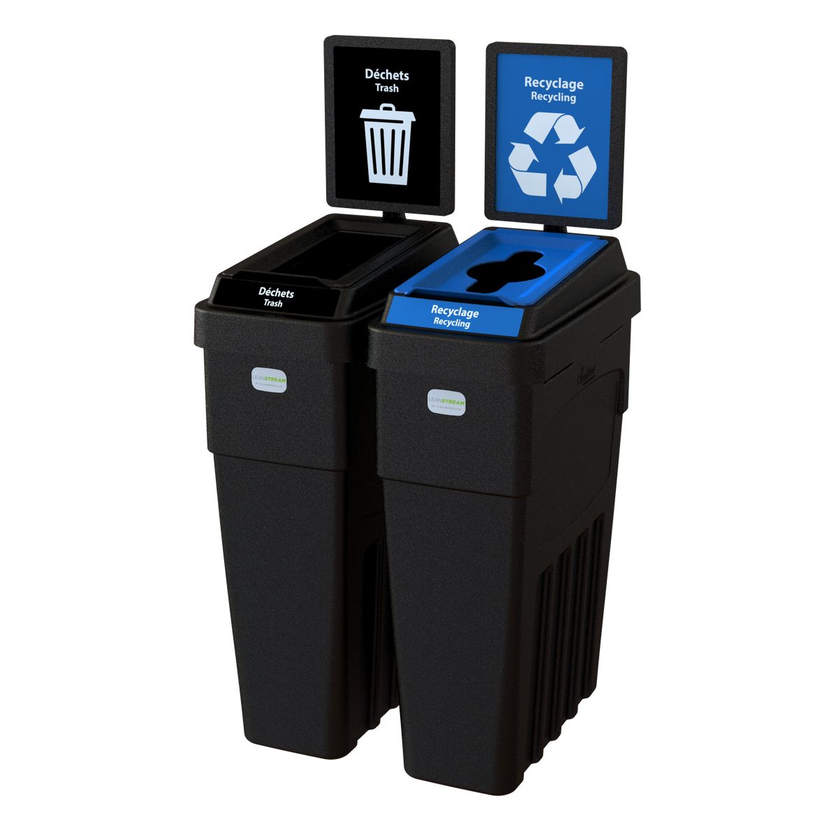 Conteneur à déchets et recyclage 2 flux LeanStream™ – Noir – Avec panneau arrière – 46 gallons