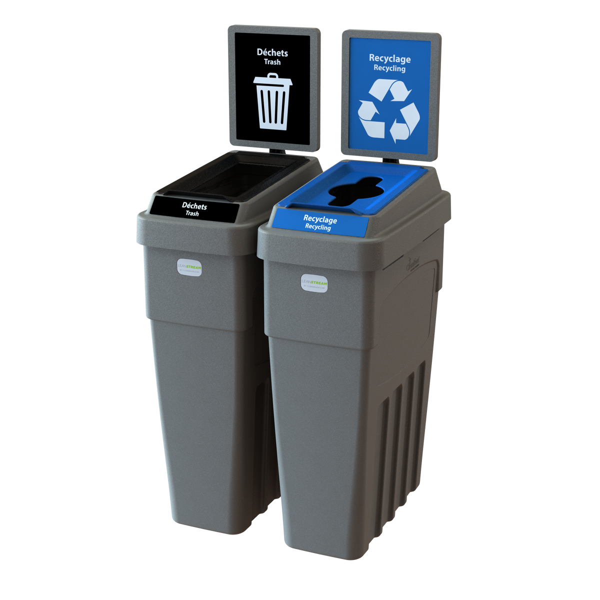 Conteneur de déchets et recyclage 2 flux LeanStream™ – Gris – Avec panneau arrière – 46 gallons