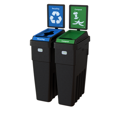 Compact LeanStream 2-stream 46-gallon container for recycling and compost. Space-efficient indoor solution built from recycled plastic to support high-traffic waste diversion programs.