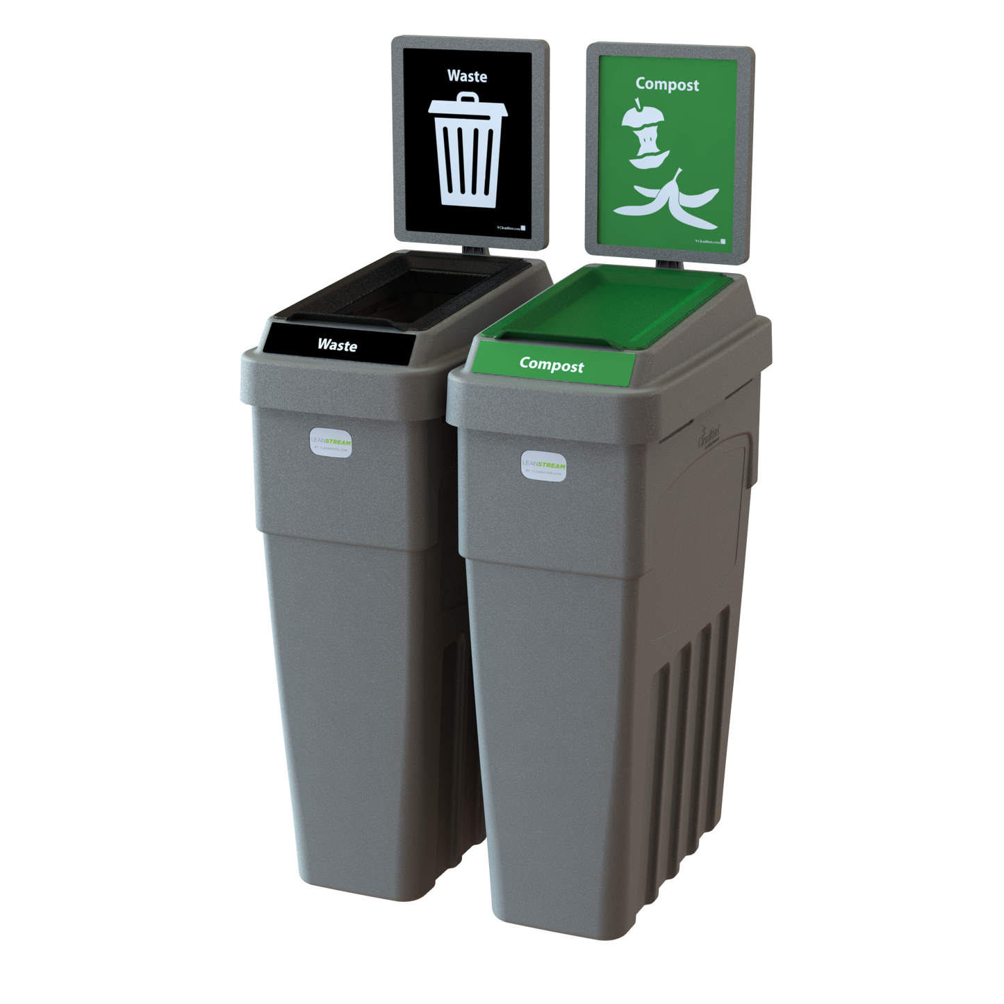 Compact LeanStream 2-stream 46-gallon container for waste and compost. Space-efficient indoor solution built from recycled plastic to support high-traffic waste diversion programs.