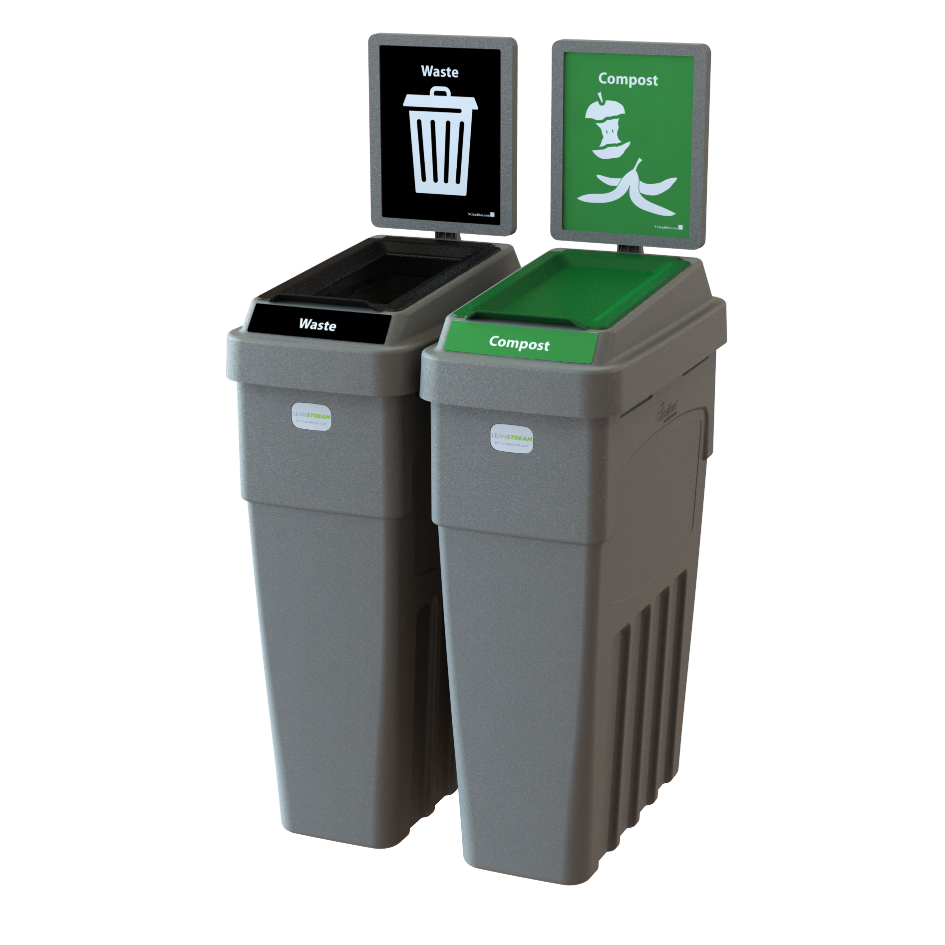 Compact LeanStream 2-stream 46-gallon container for waste and compost. Space-efficient indoor solution built from recycled plastic to support high-traffic waste diversion programs.