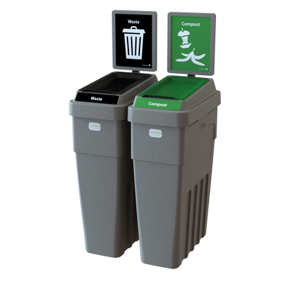 Compact LeanStream 2-stream 46-gallon container for waste and compost. Space-efficient indoor solution built from recycled plastic to support high-traffic waste diversion programs.