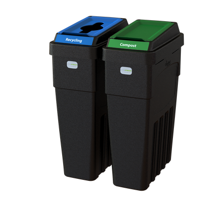 LeanStream 2-stream recycling and compost container in black, compact indoor recycling and waste bin, no backboard