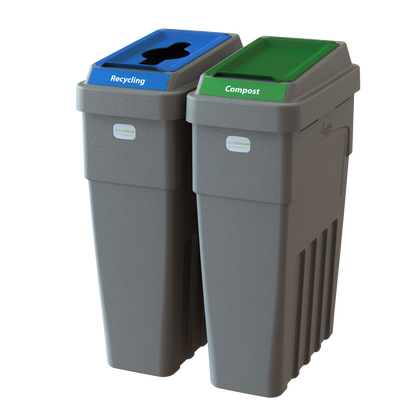 LeanStream 2-stream recycling and compost container in grey, compact indoor recycling and waste bin, no backboard